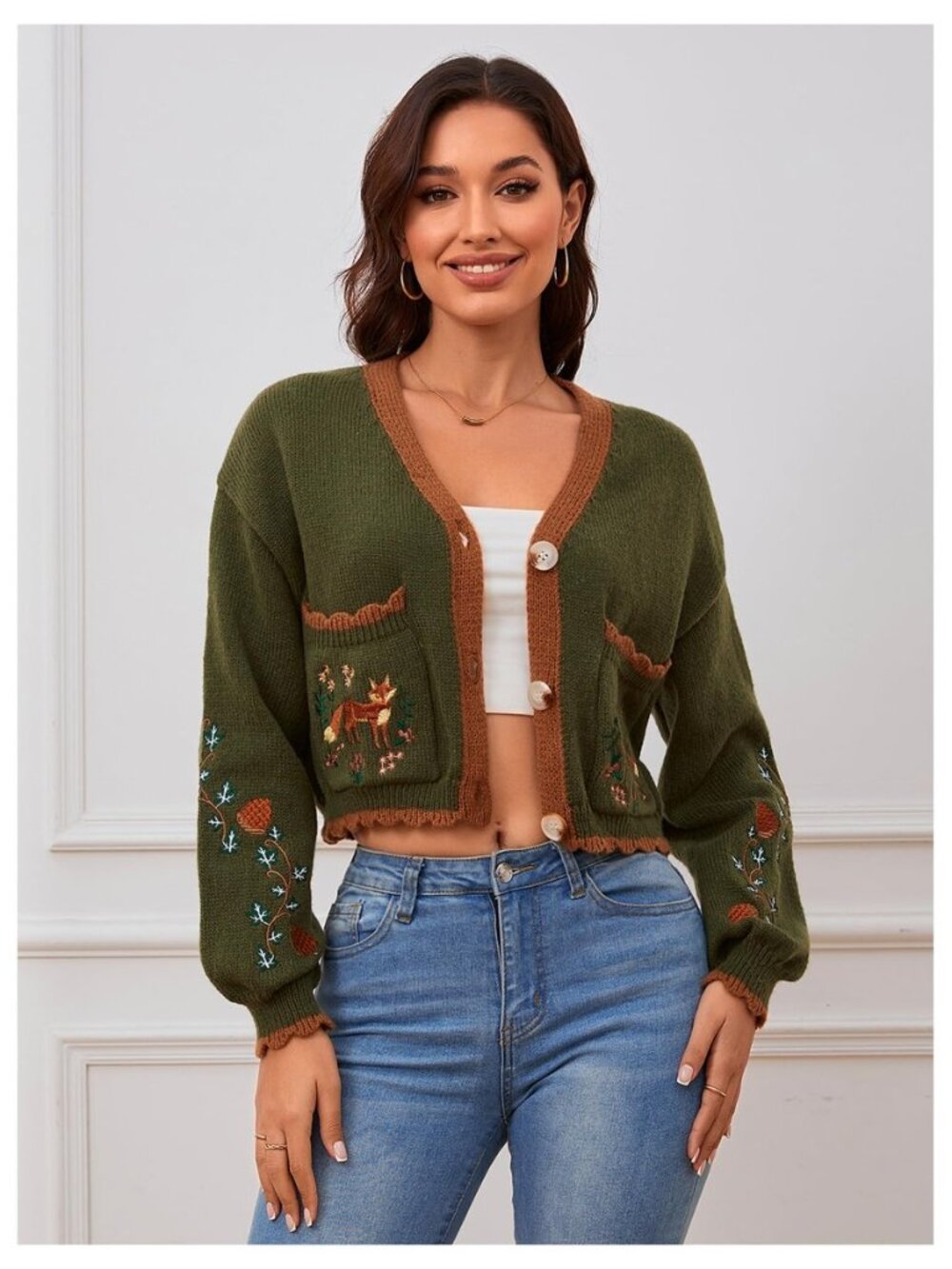 Women's Fall Cropped Cardigans Cottage Core Button Up Boho Sweater - Picture 5 of 8